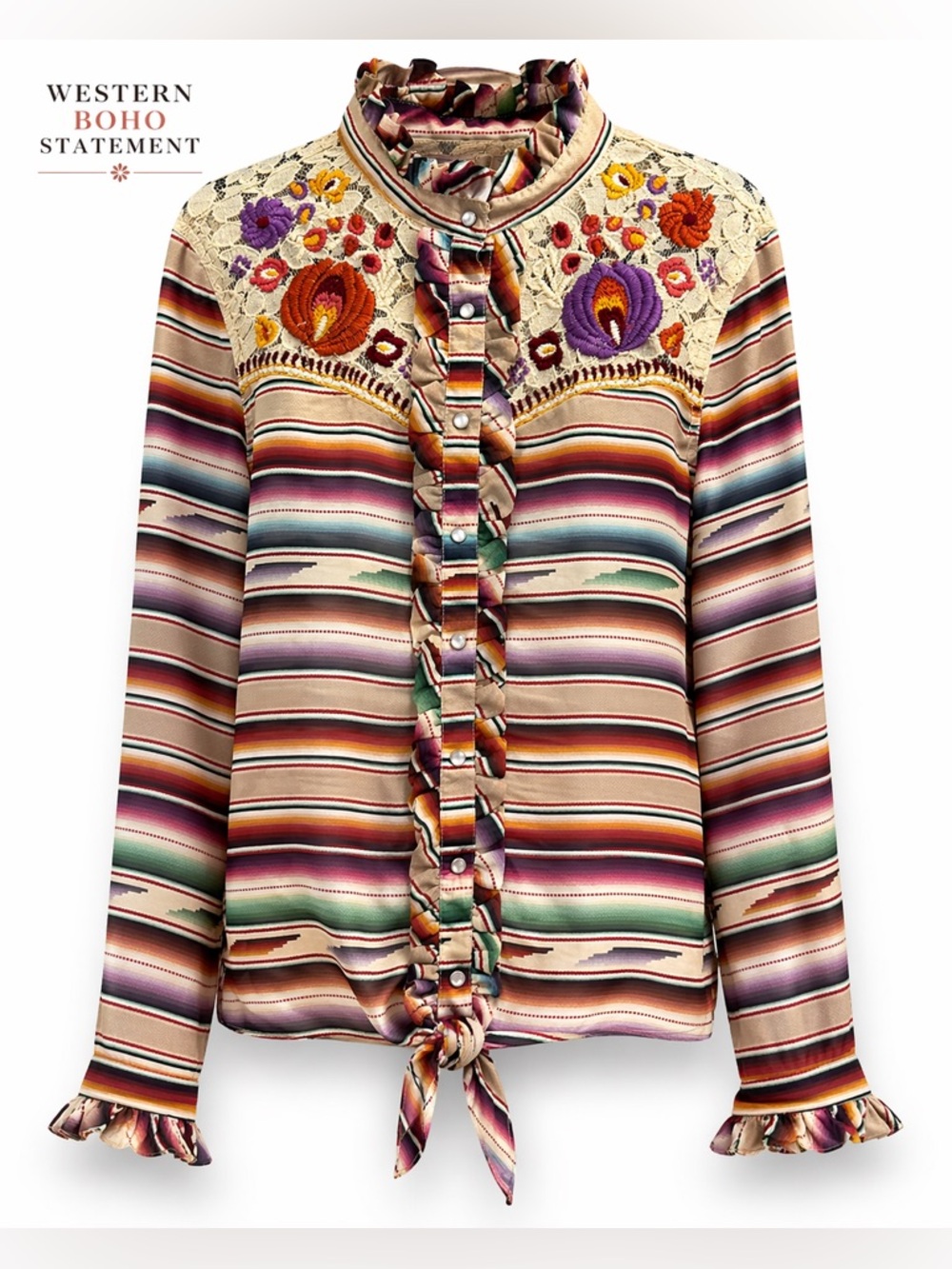 Double D Ranch Santa Rita Blouse Western Pearl Snap Serape Embroidered Boho Top